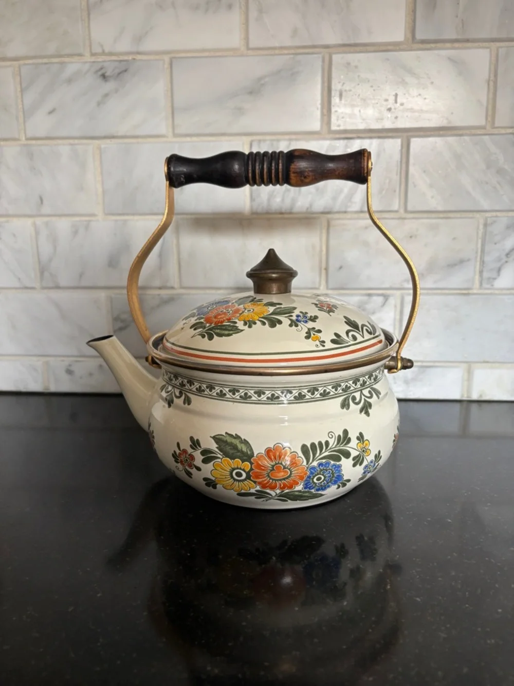 Asta Floral Enamelware Vintage Tea Kettle with Brass and Wood Handle and Lid